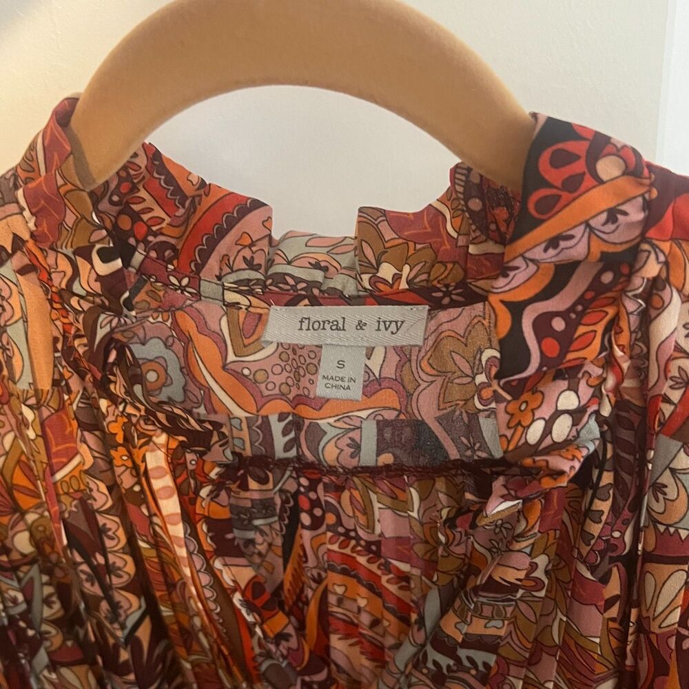 Floral & Ivy Pleated Belted Mixed Print Blouse drape flowy long sleeve Small - Picture 5 of 11